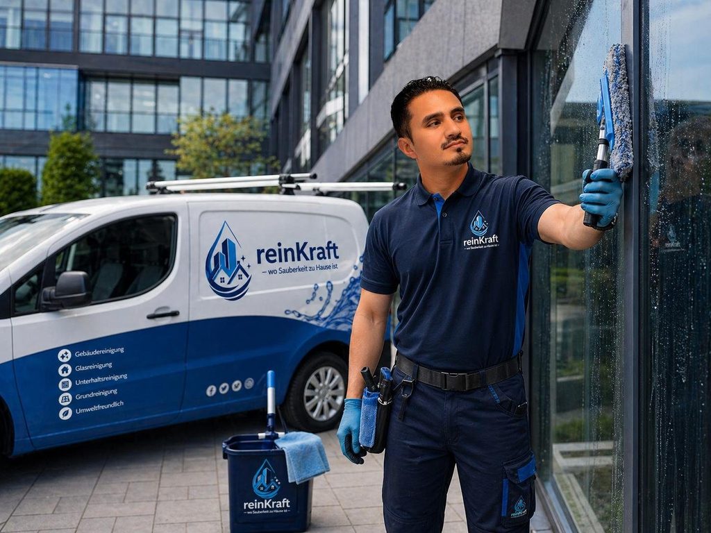 Jamal Hazim von ReinKraft bei der professionellen Fensterreinigung an einer Glasfassade — eigenes Firmenfahrzeug mit Logo im Hintergrund
